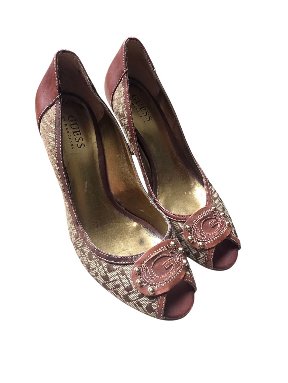 GUESS Brown Logo Peep-Toe Heels with Stud Detail